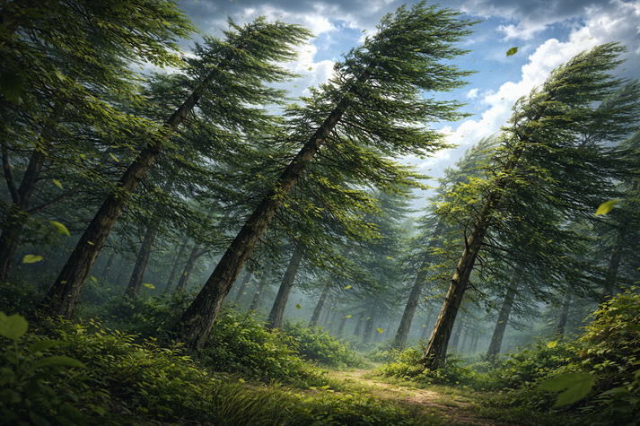 Wind-swept forest beneath dynamic sky